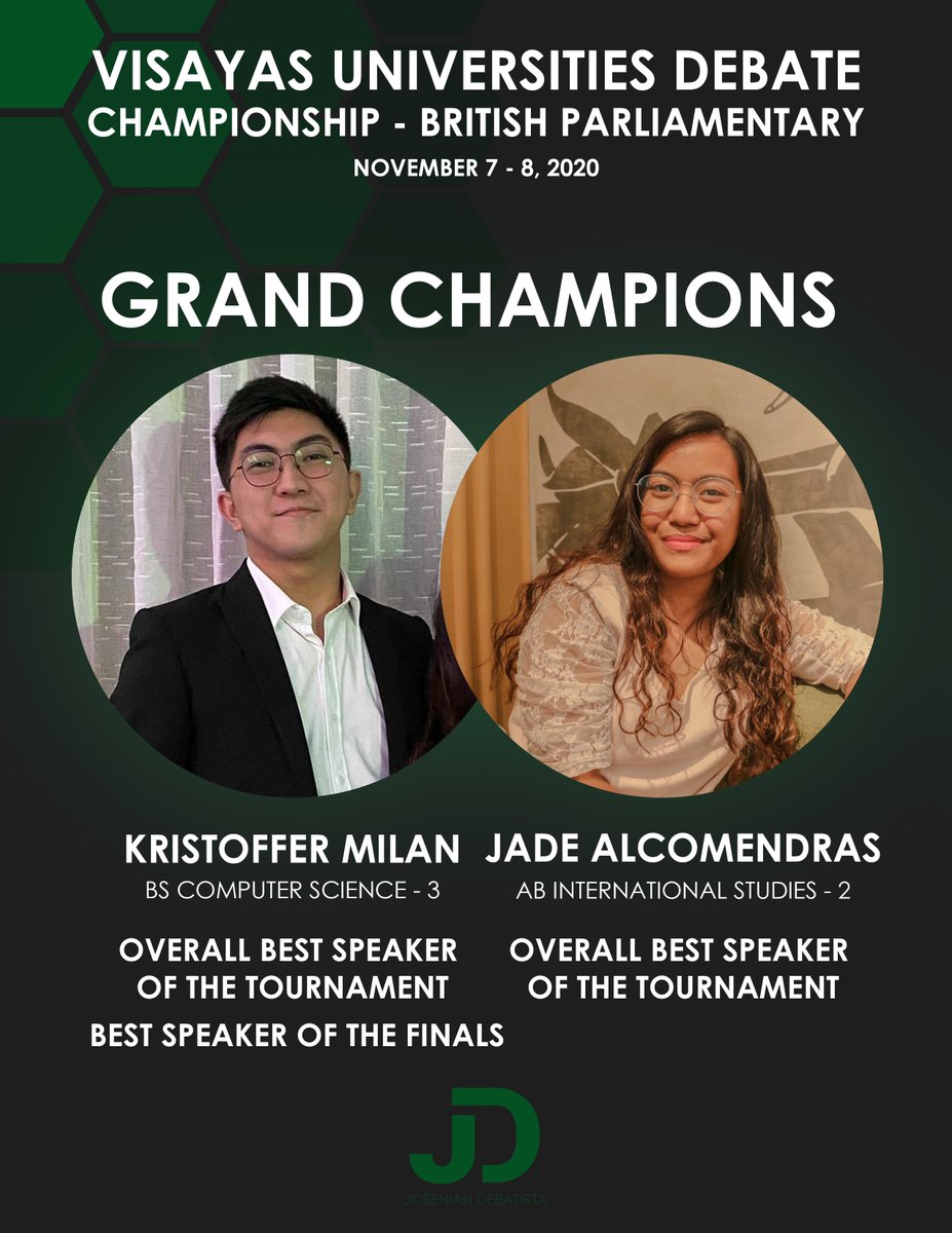 usjrdebate's tweet photo. The Josenian Debatista congratulates its contingent to the 6th Visayas Universities Debate Championship-British Parliamentary for successfully defending the championship for 5 consecutive years. VUDC-BP was hosted by UP Cebu on November 7-8, 2020 via Discord. (1) https://t.co/AfSNVPGD60