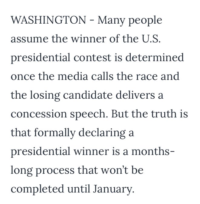 howdidyoureact's tweet photo. #Media can #NOT call race
“truth is that formally declaring a #presidentialwinner is a months-long process that won’t be completed until #January2021” with “#Congress declaring the winner” #VoiceOfAmerica
#CongressDecides #USElection
#ItAintOverYet
#StopTheSteal
#howdidyoureact https://t.co/K6wtDRP5u7