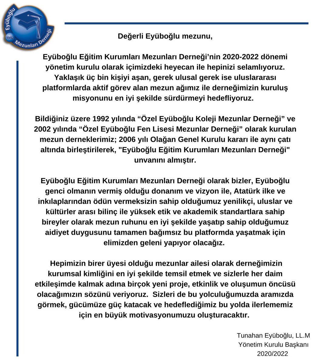 EyubogluMD's tweet photo. 📣Eyüboğlu Mezunlar Derneği 2020/2022 dönemi Yönetim ve Denetim Kurullarını belirledi. 

Yeni dönem çalışmalarımızla ilgili bizi takipte kalın 🎉 https://t.co/mqiTlOJloF