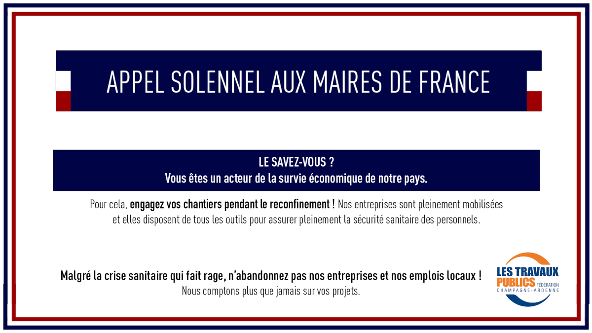 FTP_CARD's tweet photo. Pour la survie de nos entreprises #tp, nous appelons les #collectivités à engager leurs chantiers dès aujourd'hui. Ensemble, mobilisons-nous pour les #travauxpublics. https://t.co/6rrVUt930T