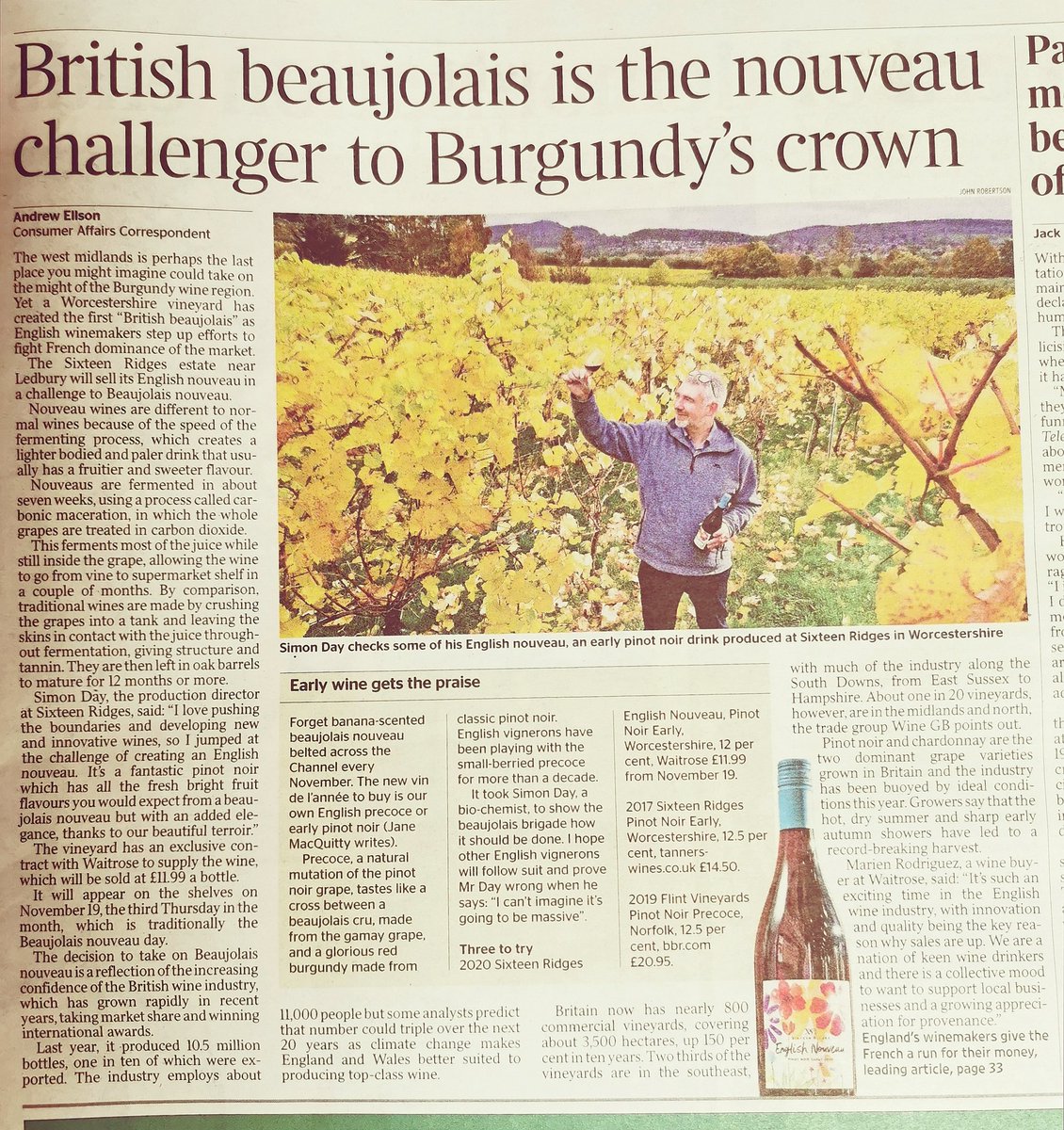 Sixteen Ridges Wine (@16ridges) on Twitter photo We're in <a href="/thetimes/">The Times and The Sunday Times</a> newspaper today. All about our newest wine from the 2020 vintage.<a href="/waitrose/">Waitrose & Partners</a> <a href="/waitrosewine/">Waitrose Wine</a> have an exclusive deal to sell it - on shelf from 19th November!
#nouveau
#englishwine
#pinotnoir We're in <a href="/thetimes/">The Times and The Sunday Times</a> newspaper today. All about our newest wine from the 2020 vintage.<a href="/waitrose/">Waitrose & Partners</a> <a href="/waitrosewine/">Waitrose Wine</a> have an exclusive deal to sell it - on shelf from 19th November!
#nouveau
#englishwine
#pinotnoir
