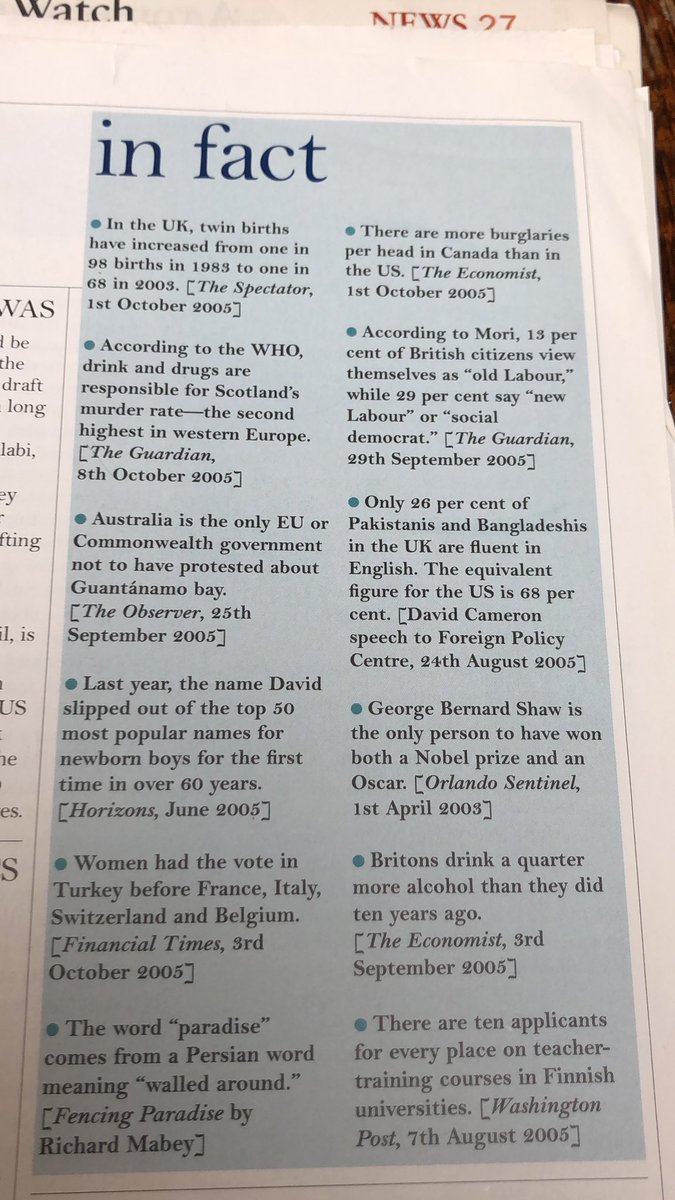 November 2005.Turkey gave women the vote before the French did.Scots are murderous; the reason will shock you.New Labour was successful.The Canadians are burgled more than Americans (whether they have more or fewer guns is not recorded).