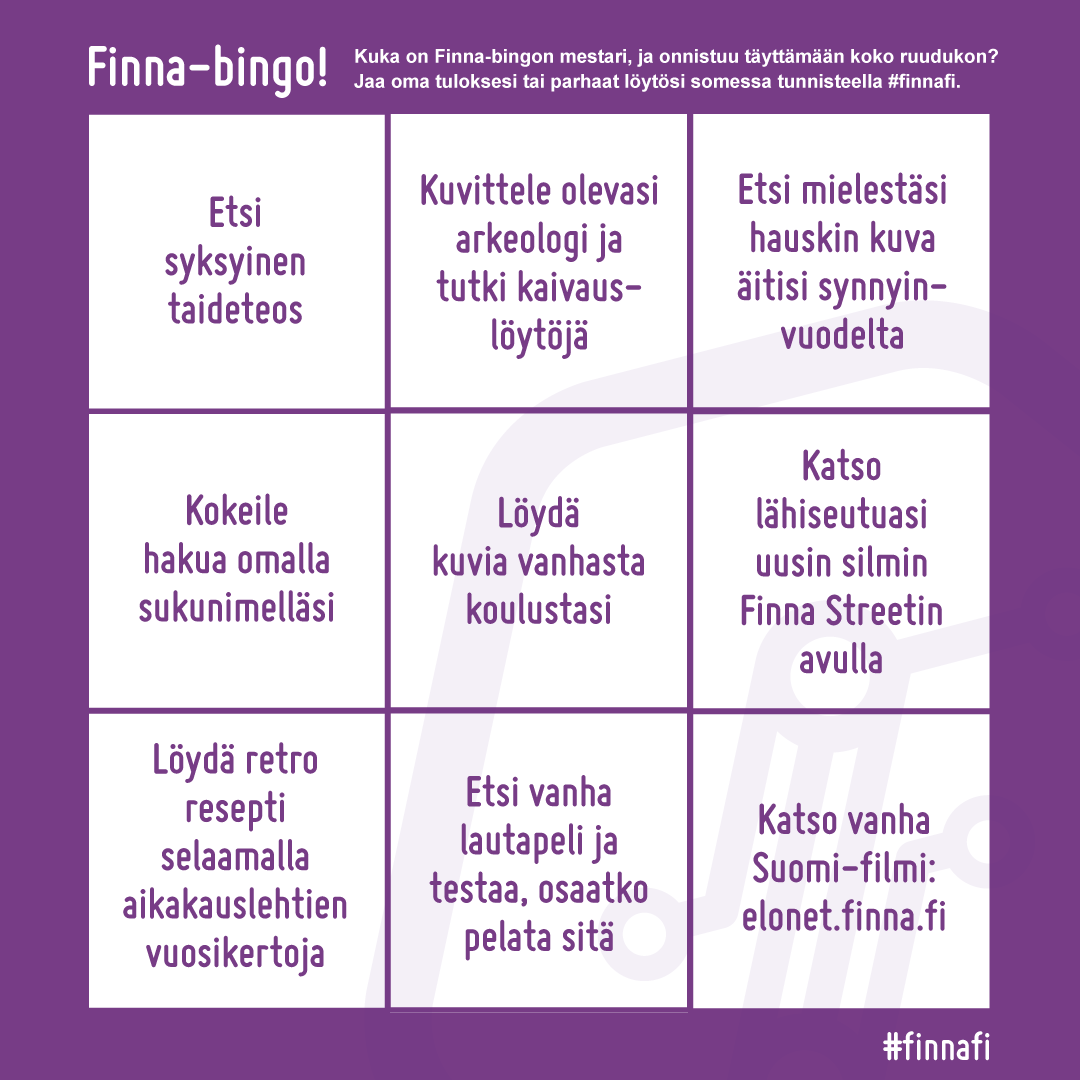 Finnafi's tweet photo. Finna-bingo! 🏆
Nyt on aika kilvoitella hakutaidoilla ja ehkä oppia siinä sivussa jotakin uutta. 

Näin se toimii: mene osoitteeseen https://t.co/9aT8RCHGD2 ja hyödynnä hakua sekä etusivun nostoista löytyvää tietoa. Voit jakaa tuloksesi somessa tunnisteella #finnafi. https://t.co/YDoVWjyX1E