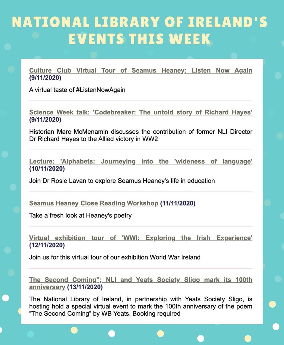 Plenty on this week at the <a href="/NLIreland/">National Library of Ireland</a> – all of our events are online and free to attend. 📚 📚📚

For further details, and booking information, visit our website: nli.ie/en/list/curren…