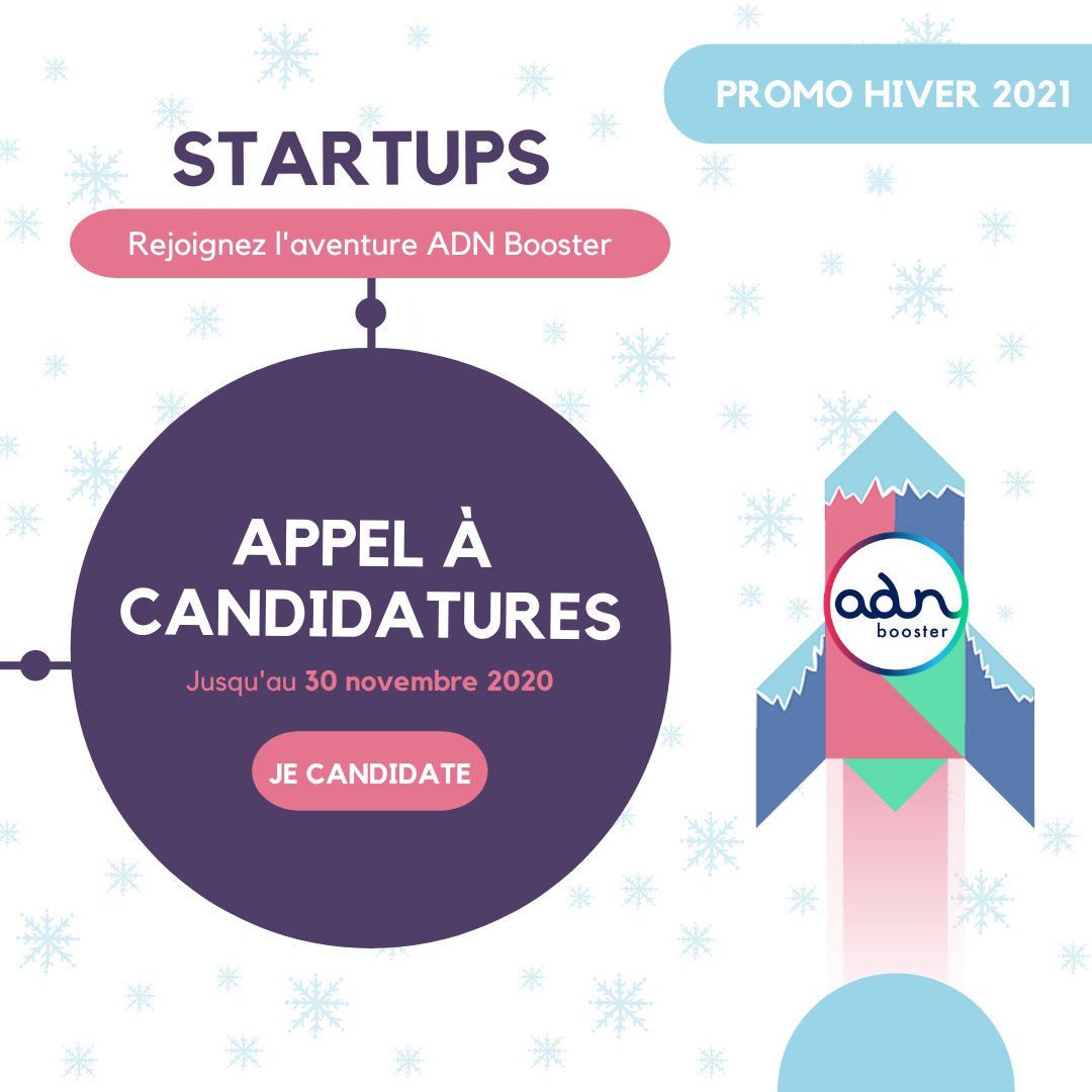 📢APPEL A CANDIDATURES #PromoHiver2021 ❄ 
La prochaine session d’accompagnement du Booster approche ! Startups, entreprises innovantes, rejoignez l'aventure ADN Booster en intégrant notre programme d'accélération de 6 mois🚀en candidatant avant le 30/11👉lnkd.in/duUGSWH