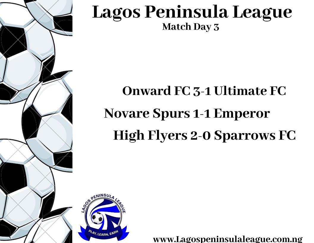 LagosPeninsula's tweet photo. Results from the weekend. @novarespurs @highflyersfc @Sparrow_FC @onwardfc @ultimatesoccer9 @emperorsoccer1
#LFL20 https://t.co/VBUU5ti380
