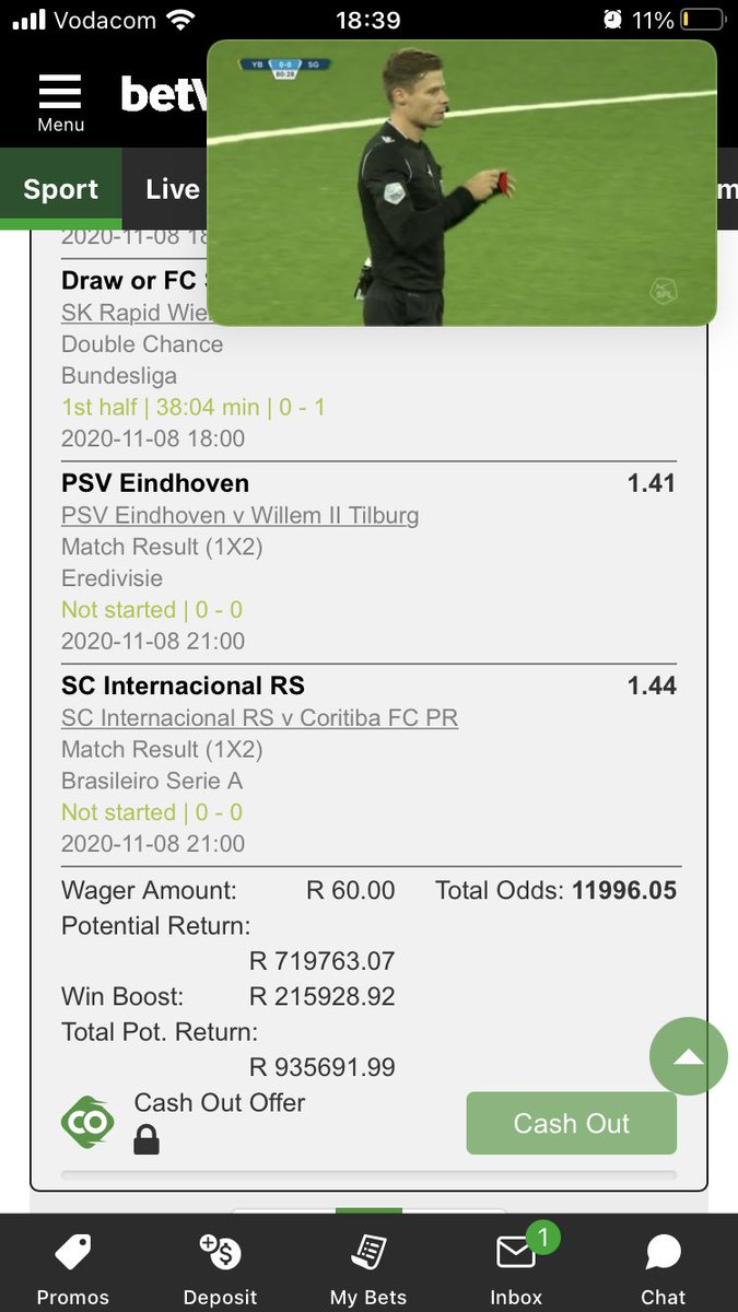 MendesJason's tweet photo. @Betway_za not sure why I didn’t have a cash out during the Young boys game, cash out had been locked since 4:30pm on Sunday? Please can you reply to this as it stopped me from doing any cash out even before the game? 

Thanks, https://t.co/cLx5YR9PHn