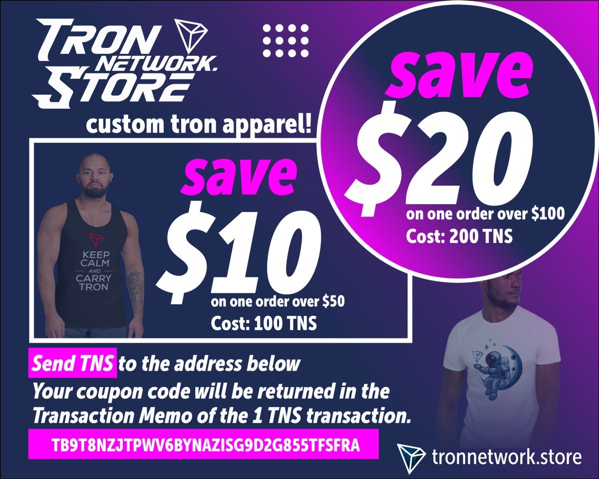 DegenmerchStore's tweet photo. Collect $TNS tokens by using @NOWPayments_io to pay with $TRX or by posting a picture of you wearing our #trongear on Twitter or Instagram. Use them for discount! #Tronarmy #Tronmerch https://t.co/L5kvlmbKHK