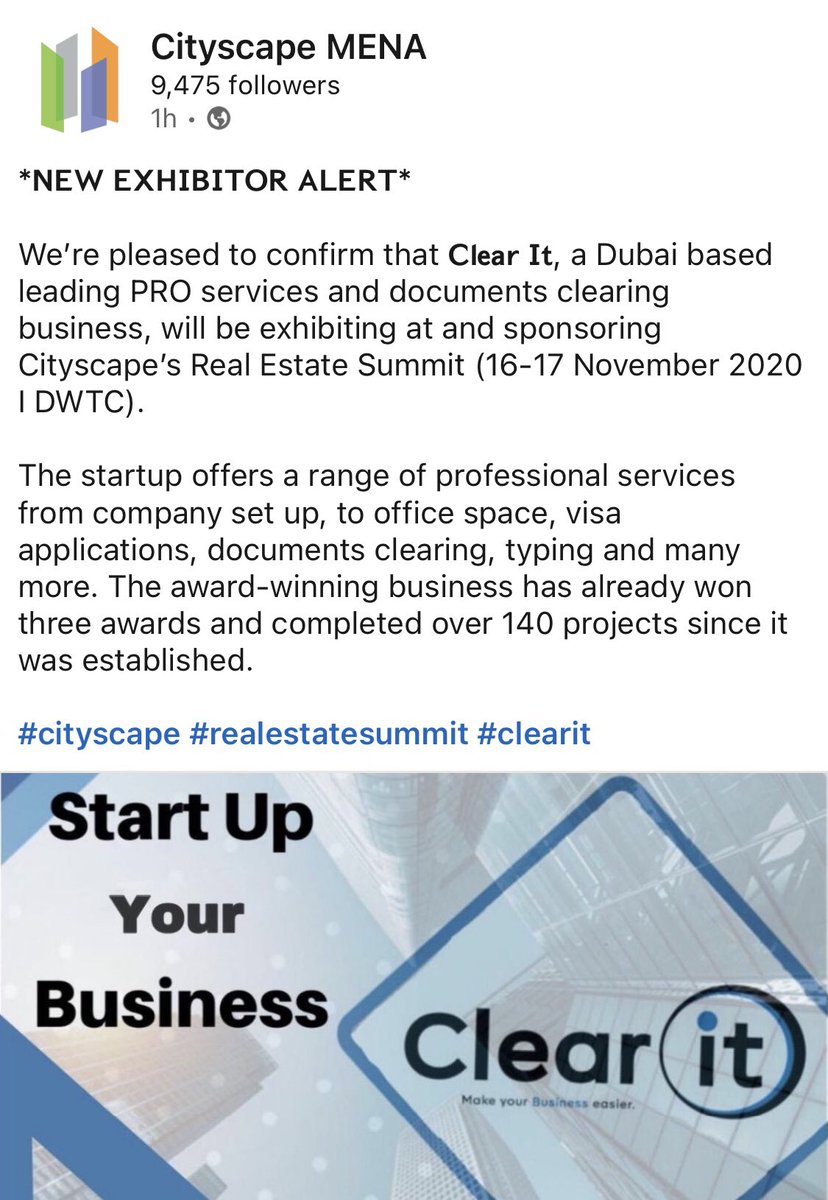 ClearitUae's tweet photo. We will be part of Cityscape 2020, As a start up partner ,we are waiting you to visit us on stand no.G35 Clearit at DWTC
سنكون من المشاركين في معرض سيتي سكيب2020، ك شركة لتأسيس الشركات و تخليص المعاملات، نحنا بانتظارك لزيارتنا في المعرض ستاند رقم G35 في مركز دبي التجاره العالمي https://t.co/leZTpg3dNf