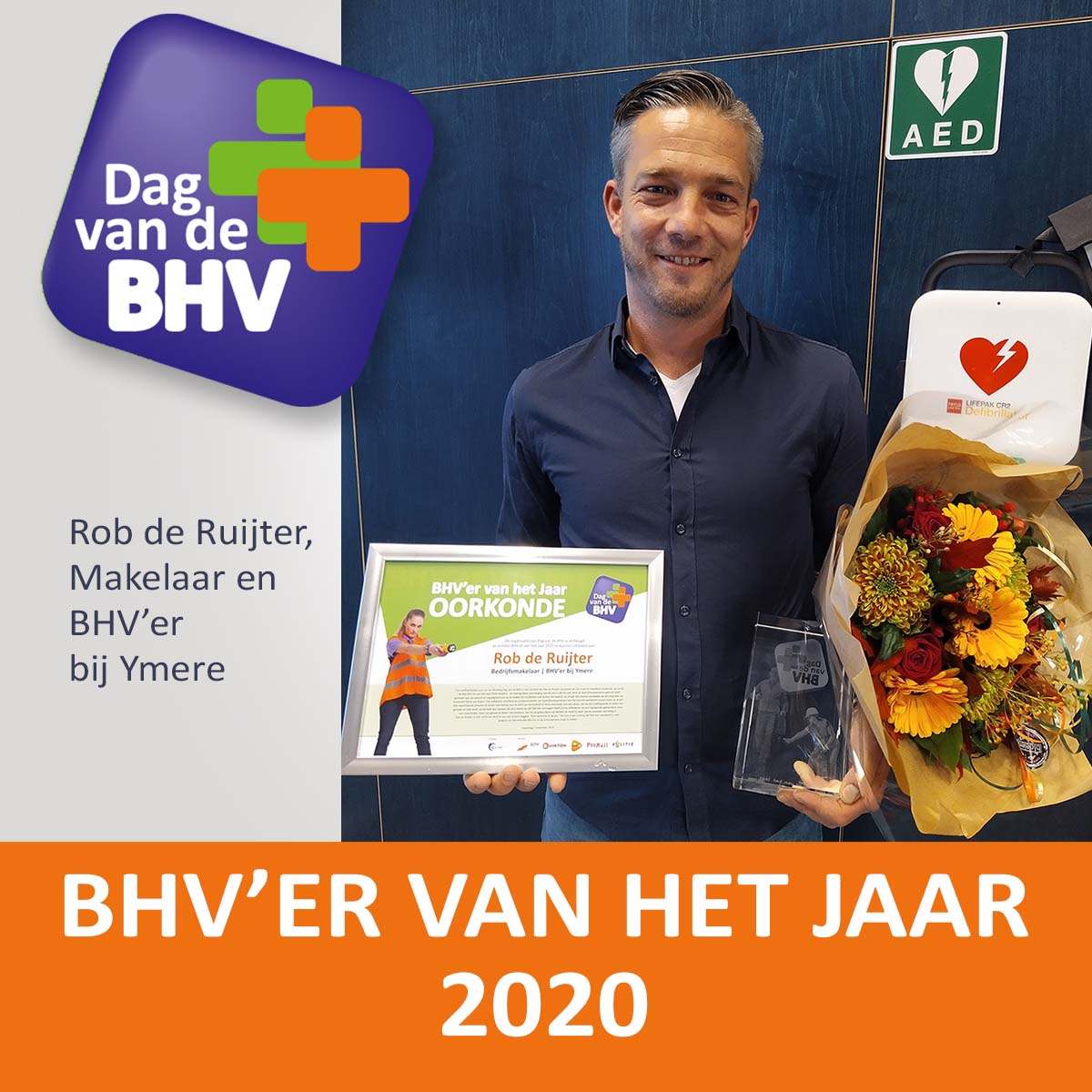 Rob de Ruijter, makelaar en bedrijfshulpverlener bij <a href="/Ymere/">Ymere Nieuws</a>  mag zich 'BHV’er van het Jaar' noemen! Rob redde dit jaar onder werktijd het leven van twee mensen. Lees hier meer over de uitreiking, incidenten en het juryrapport > dagvandebhv.nl/bhv-er-van-het… #dvdbhv #bhvervanhetjaar