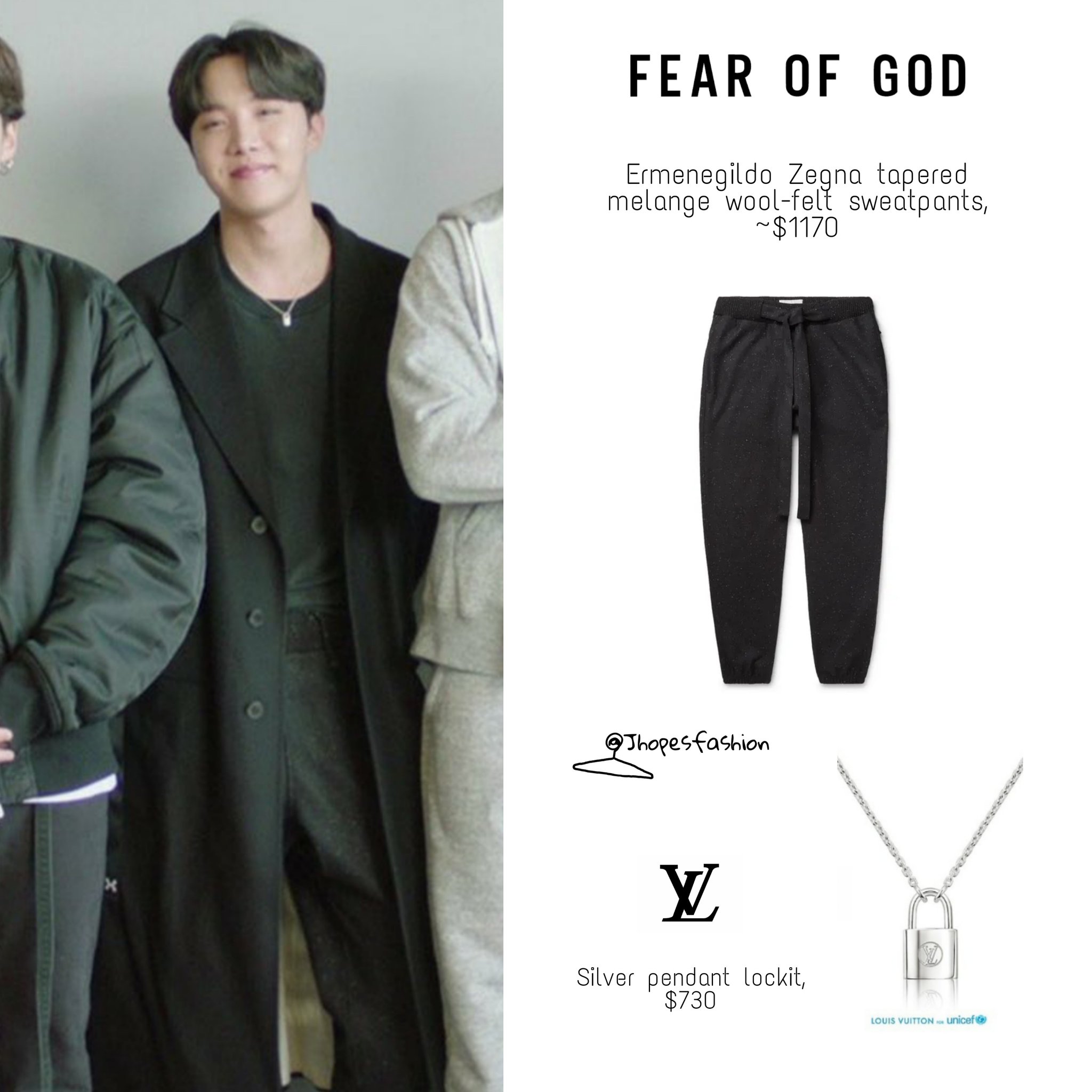 j-hope's closet (rest) on X: Hoseok's Fear of God sweatpants and Louis  Vuitton lock necklace 201109 - MTV EMAs #jhope #제이홉 #Jhopefashion #BTS   / X