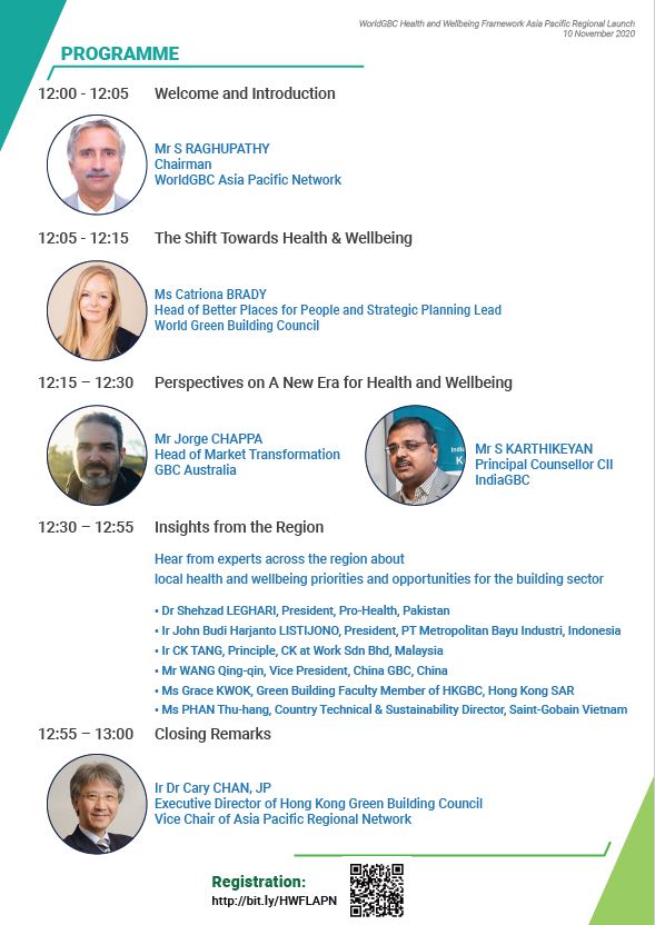 Tomorrow we present the @WorldGBC Health &amp; Wellbeing Framework in our dedicated Asia Pacific Regional Launch!

Join experts to discuss regional #health and #sustainability priorities for the #builtenvironment!

Sign-up at: us02web.zoom.us/webinar/regist…