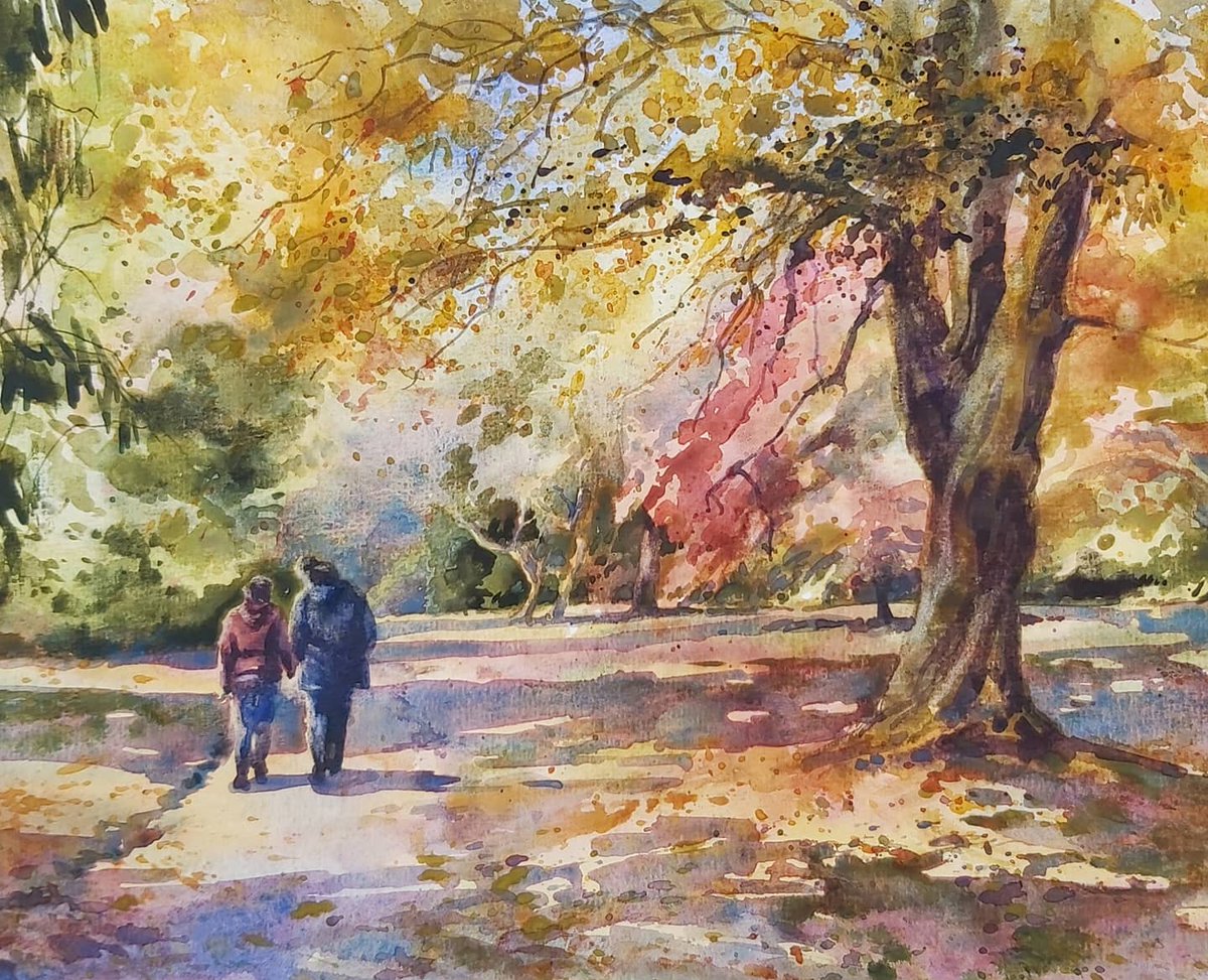 JoolsMainstone's tweet image. Great workshop on Saturday about The Impressionists painting techniques in a paint along zoom workshop. I decided to paint an Autumn scene of Westonbirt Arboretum which I have also done in watercolour. This is my Oil Painting (still a WIP) and my Watercolour. Which do you prefer?