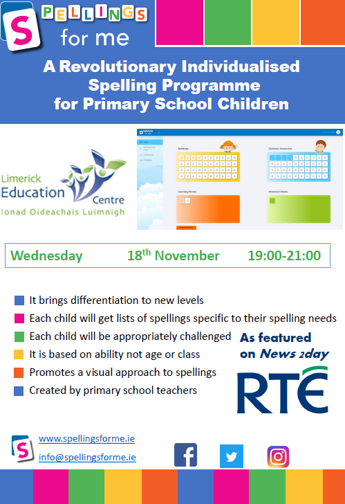 limerickedcentr's tweet photo. Improve a child's spelling and spelling and handwriting,Great webinar coming up on 18th Nov @spellingsforme,  To register click here https://t.co/qlbe4wu6Kq  #CPD #spellingsforme #differentiation #individualisedlearning #PrimaryEd #SpecialEd https://t.co/wAFXEbvEZ1