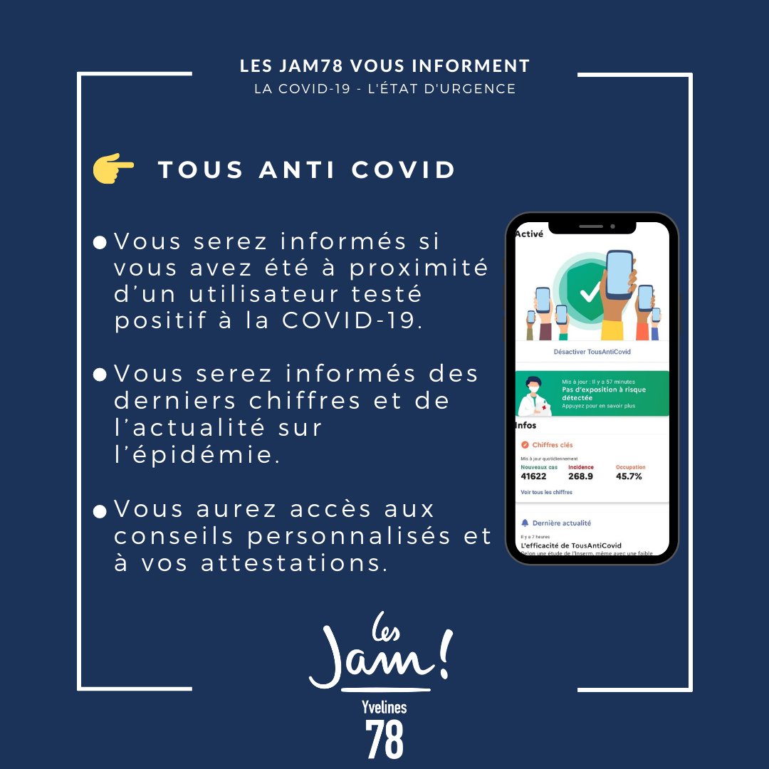 lesjem78's tweet photo. 🏥 Covid-19 : la deuxième vague est là
➡️ État d’urgence sanitaire, application #TousAntiCovid, confinement : les #JaM78 vous expliquent tout ! https://t.co/w5MR63Vymz