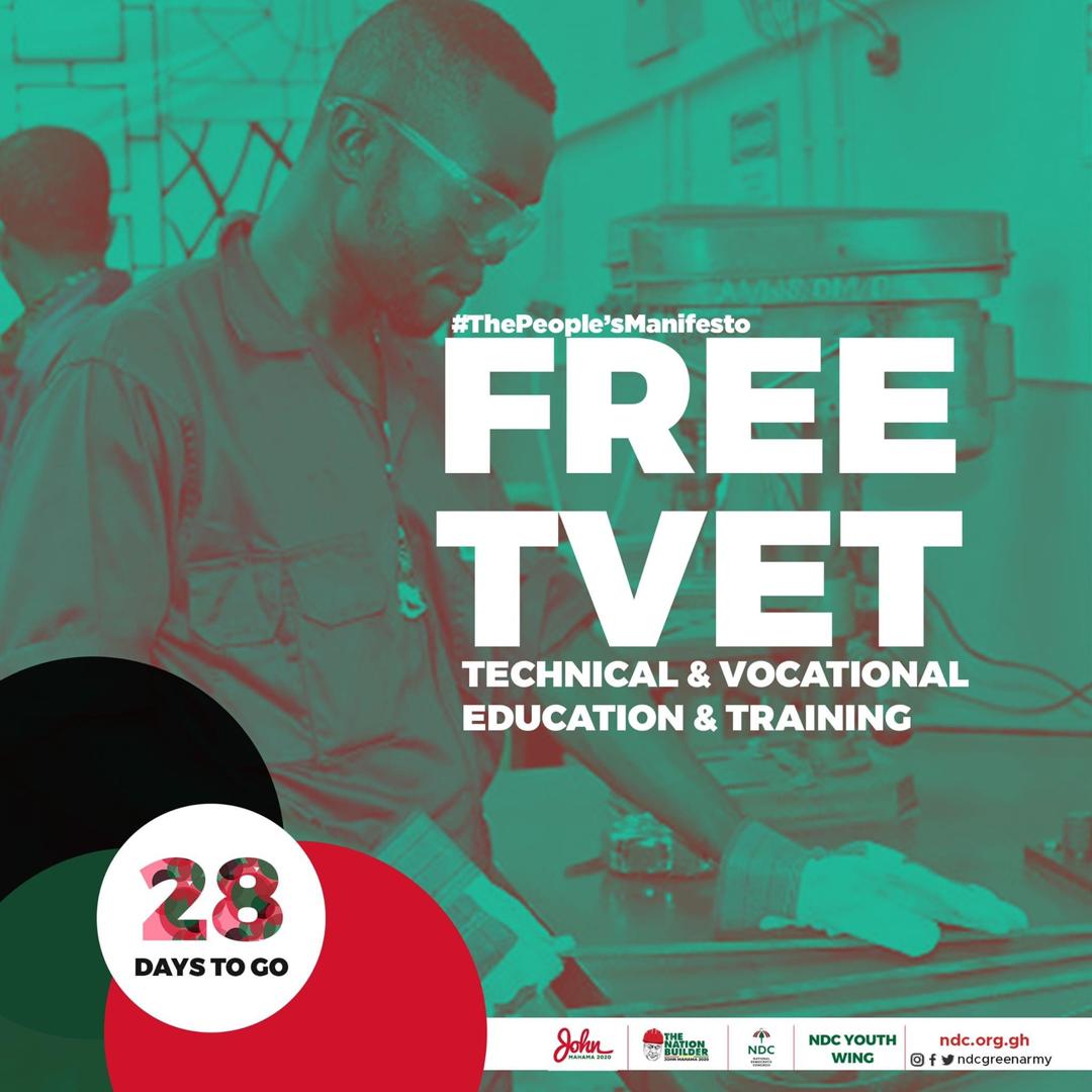 ndcgreenarmy's tweet photo. For Ghana's development to be accelerated, its citizens need the technical know-how to contribute to that dev't. That is why Technical and Vocational Education and Training (TVET) will be made free at the secondary and tertiary levels in the next John Mahama led NDC gov't. #Go4JM https://t.co/wIPsX4g2fo