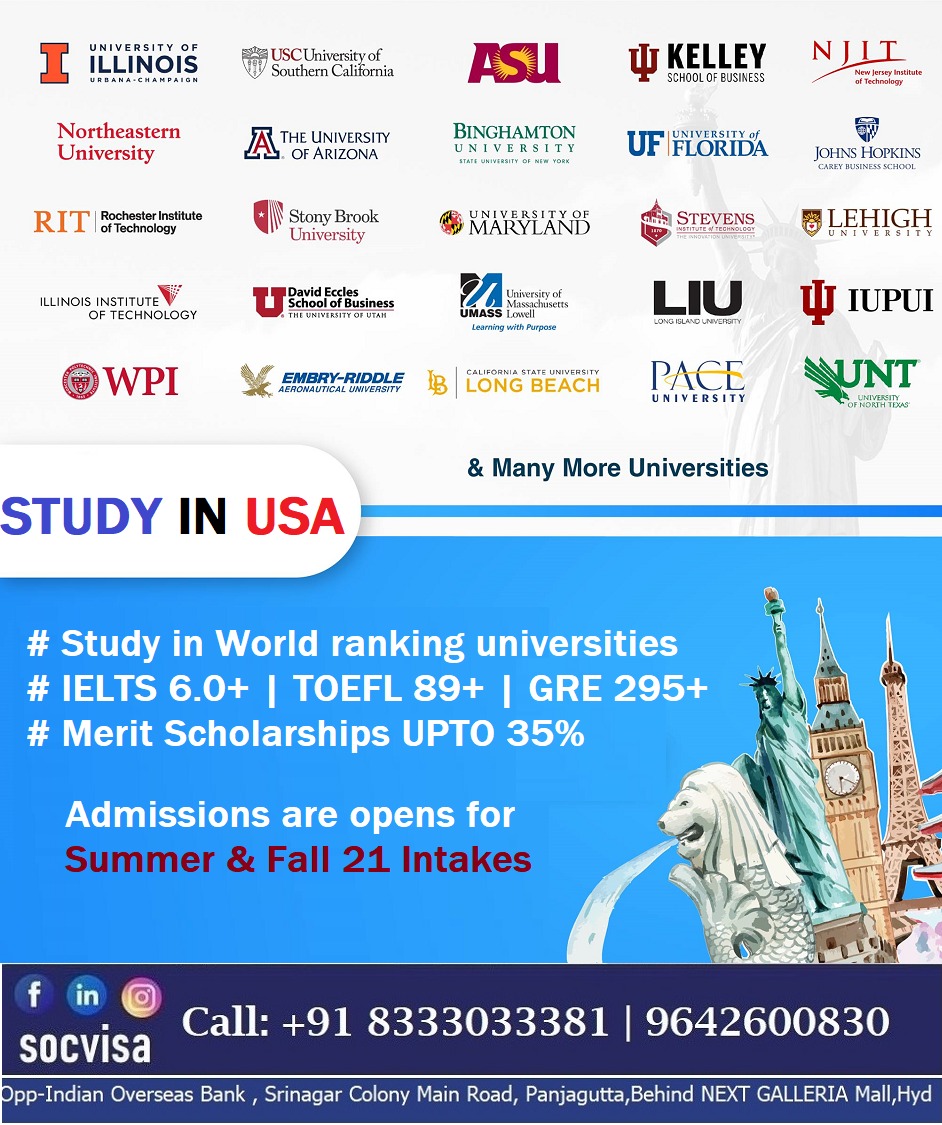 R2bSreenivas's tweet photo. Study in USA with Merit Scholarships , admissions are started for Summer and Fall 21 Intake . Deadlines are soon for fall 21 intake.

Contact #SOCVISA located in #Panjagutta, 

#SOCVISA #StudyAbroad #Education #Study #Ielts #Travel #University #StudyOverseas #Students https://t.co/395262mVFm