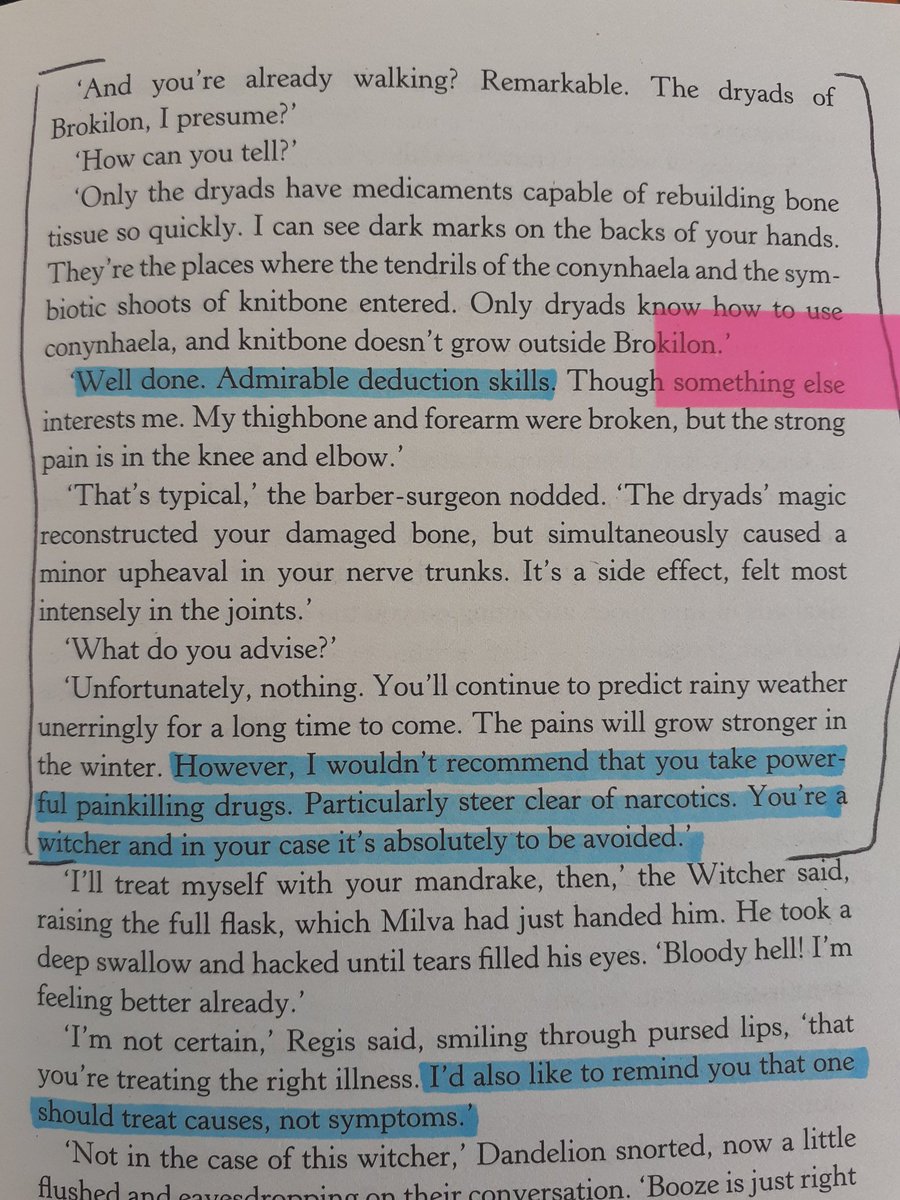 Wolf School sword style (it involves a lot of pirouettes) because of his knee and hip.In Baptism of Fire, we get the first clear address of Geralt& #39;s condition in a conversation between him and Regis (pics below). Regis explains that Geralt& #39;s body has- 7/20