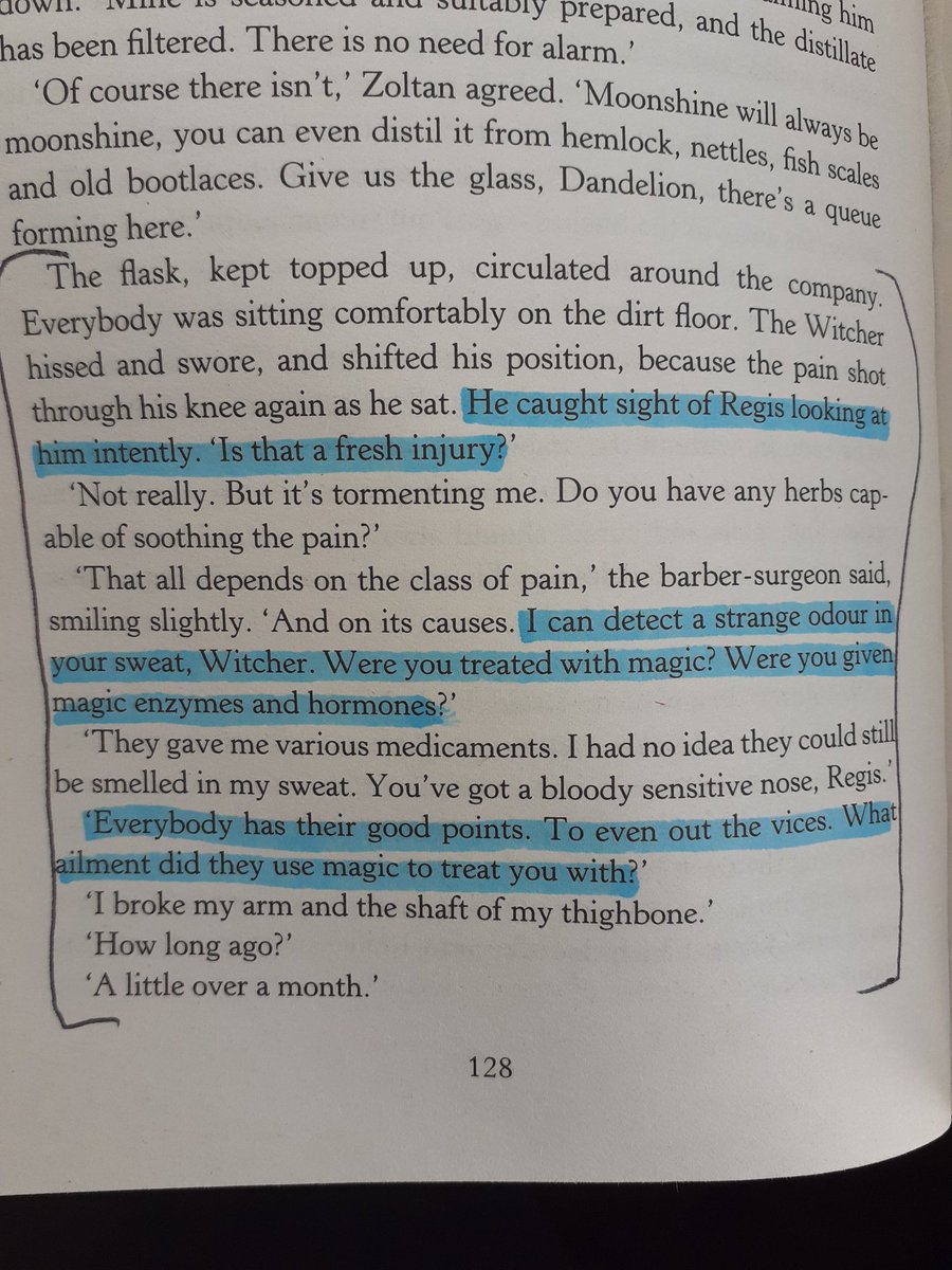 Wolf School sword style (it involves a lot of pirouettes) because of his knee and hip.In Baptism of Fire, we get the first clear address of Geralt's condition in a conversation between him and Regis (pics below). Regis explains that Geralt's body has- 7/20