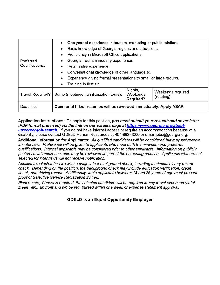 troy_hstm's tweet photo. The Georgia Department of Economic Development is looking for a Visitor Information Specialist. You can check out the position announcement for more information! https://t.co/YDuPLEtXLb
