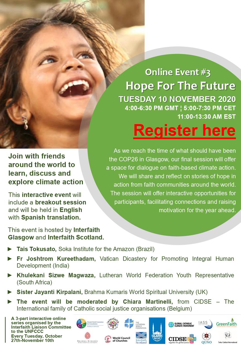 Come and dialogue about faith-based #ClimateAction. 📣 Do not miss the Webinar "Hope for the Future," this Tuesday, 10 November 2020. ➡️ Register now bit.ly/HopeForTheFutu… <a href="/CIDSE/">CIDSE</a> <a href="/lutheranworld/">The Lutheran World Federation</a> <a href="/Oikoumene/">World Council of Churches (WCC)</a> <a href="/greenfaithworld/">GreenFaith</a>