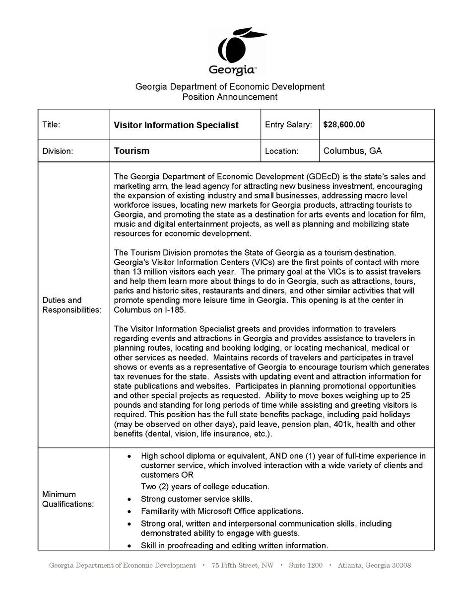 troy_hstm's tweet photo. The Georgia Department of Economic Development is looking for a Visitor Information Specialist. You can check out the position announcement for more information! https://t.co/YDuPLEtXLb