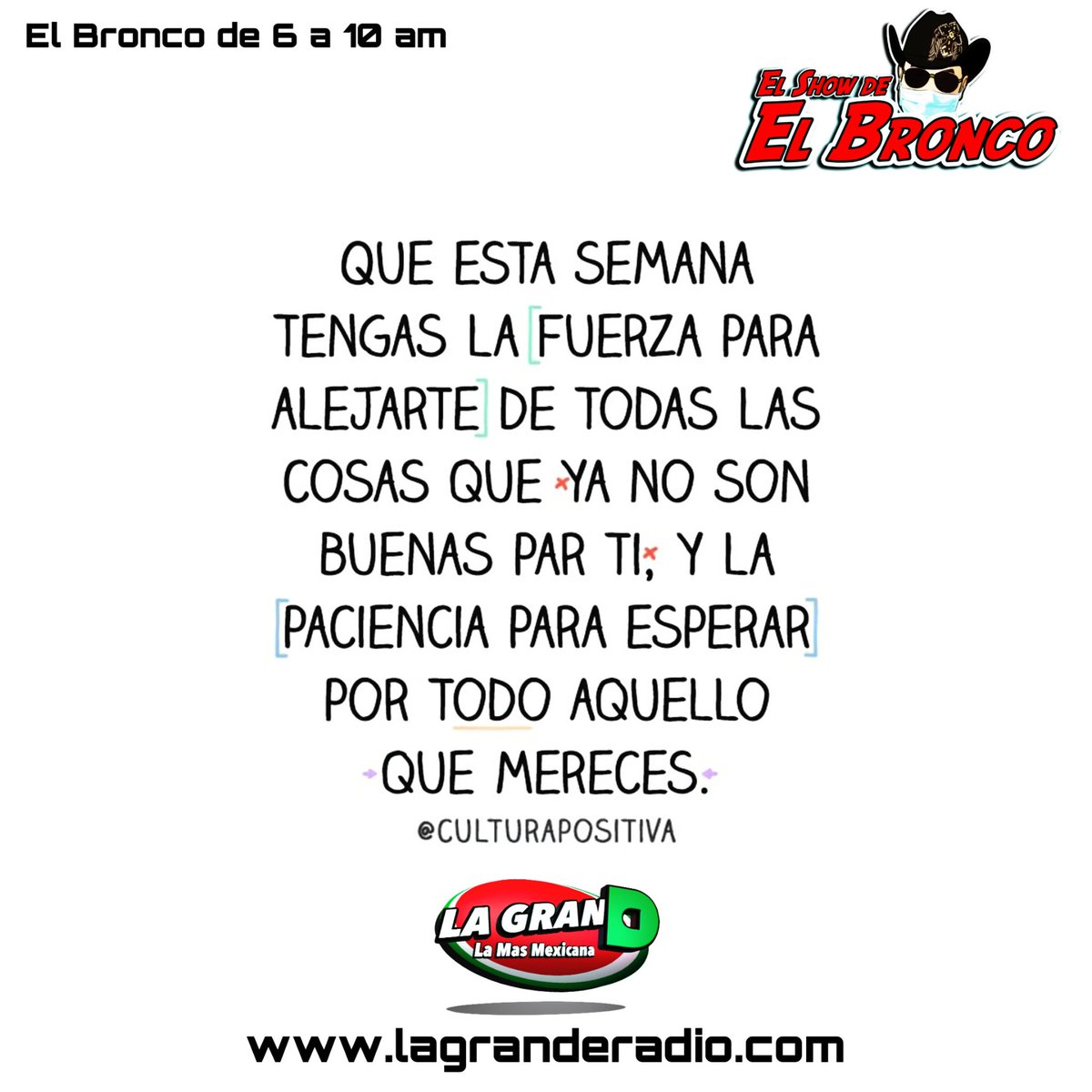 ElBroncofm's tweet photo. Webos dias raza, #Lunes de arranque. Que dios te de la fuerza y el poder de desconectarte de todo lo #Toxico.
#ElBronco #LaGranD #BroncoShow #BroncoNeta https://t.co/ICxYWz4x3d