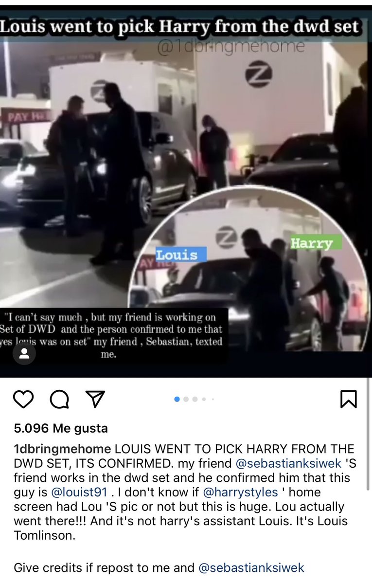 Bueno cuando salió el vídeo del set donde se lo veía a Harry subiendo al auto y del otro lado una persona X haciendo lo mismo. Lo que generó muchas dudas de quien era esa persona si Louis o el asistente. Bueno en insta encontré esto pero no se que tan cierto+