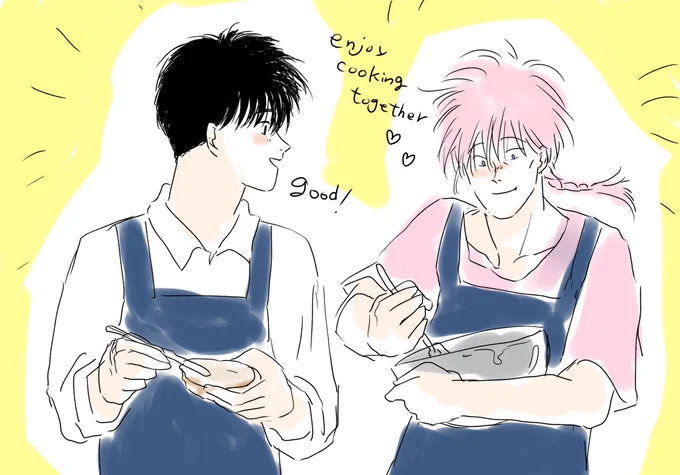 ふたりでお料理があまりにも可愛いくて思わず描いてしまいました!
🥖🍳🥩🧈🥗🥒🥦🥕🥪🍌🐟

あああああ…なにこの図は…だめだ…可愛すぎる…😇😇😇 