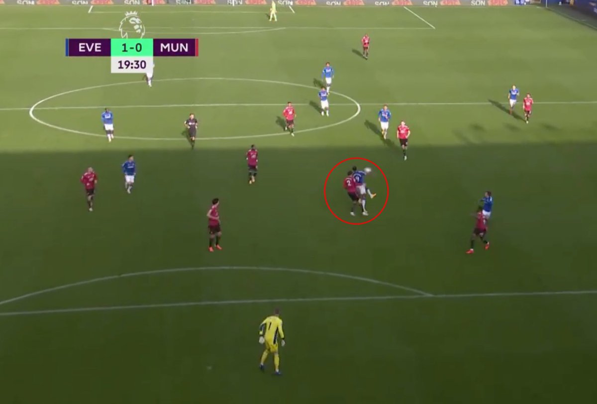 3. Goal conceded. Everton’s goal was a sequence of 3: one long ball to Calvert Lewin, a header to Bernard, goal. 1. Lindelof fails to win the header.2. AWB’s positioning was suboptimal to block/delay the shot. Our right flank was constantly exposed. Win your duels.