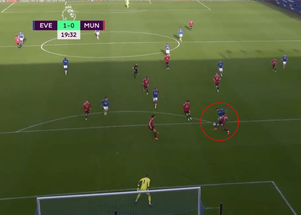 3. Goal conceded. Everton’s goal was a sequence of 3: one long ball to Calvert Lewin, a header to Bernard, goal. 1. Lindelof fails to win the header.2. AWB’s positioning was suboptimal to block/delay the shot. Our right flank was constantly exposed. Win your duels.