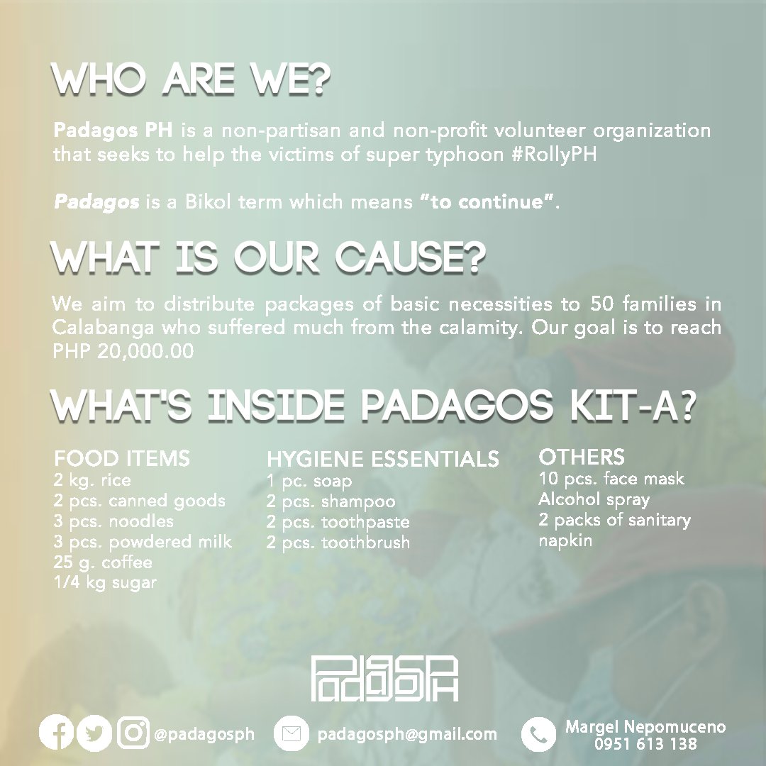 padagosph's tweet photo. [CALL FOR DONATIONS FOR #ROLLYPH 📢]

On November 1, the Bicol Region was greatly impacted by the landfalls of the super typhoon Rolly without even fully recovering from typhoon Quinta. https://t.co/ZVrCrLNrpo