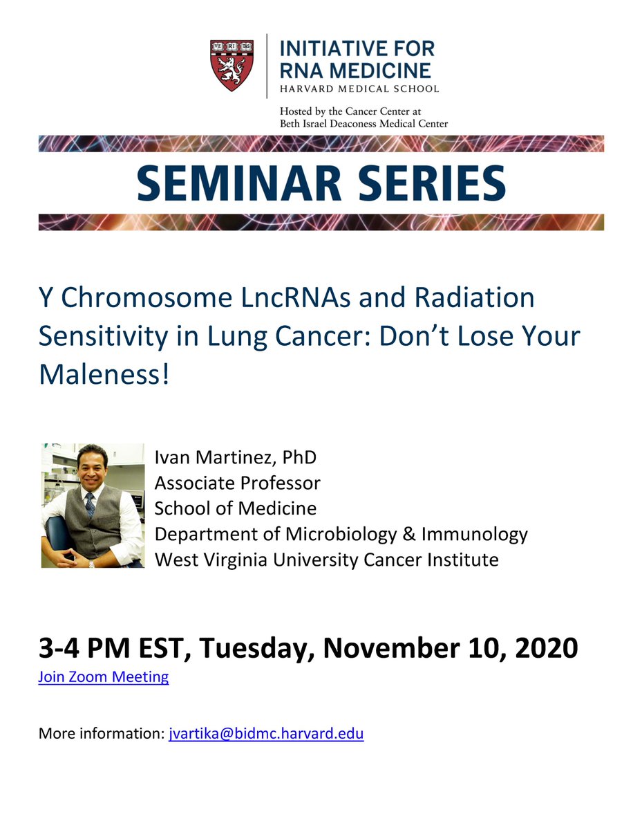 Frank J. Slack, PhD (@irmdirector) on Twitter photo Please join us tomorrow, Tuesday, November 10th at 3:00PM EST for a seminar with Ivan Martinez, PhD from the West Virginia University School of Medicine.
For the Zoom link, please contact jvartika@bidmc.harvard.edu Please join us tomorrow, Tuesday, November 10th at 3:00PM EST for a seminar with Ivan Martinez, PhD from the West Virginia University School of Medicine.
For the Zoom link, please contact jvartika@bidmc.harvard.edu