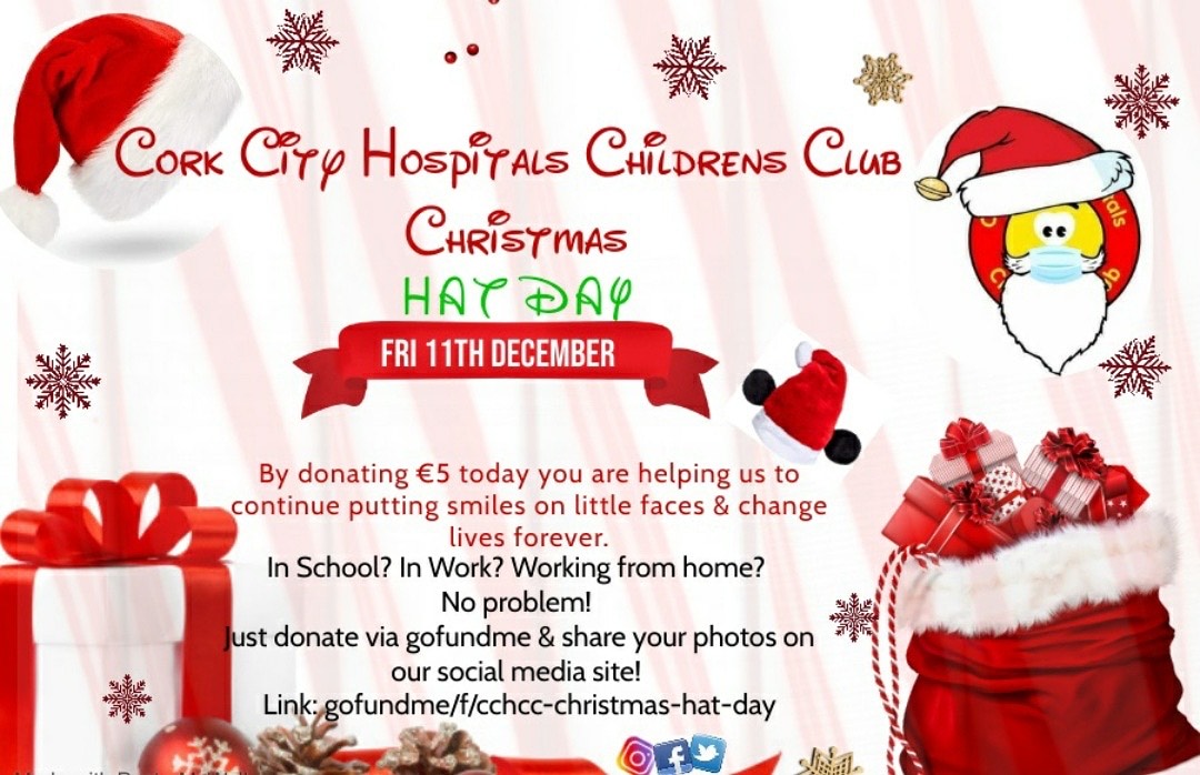 CorksRedFM's tweet photo. On 11th of December the @ckchildrensclub are holding a CHRISTMAS HAT DAY to raise funds to create magical events for children across Cork hospitals. Wear your Christmas hats at home, at the workplace, wherever you are &amp; donate €5!

https://t.co/JgFtKDd3yn https://t.co/rnbooKil0I