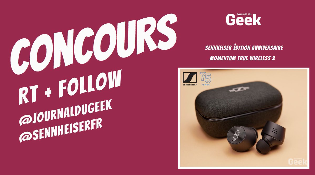 JournalDuGeek's tweet photo. 🎁#CONCOURS 🎁
Tentez de gagner cette édition limitée des écouteurs MOMENTUM True Wireless 2 à l'occasion des 75 ans de Sennheiser !
Pour participer : 
👉 RT + Follow @JournalDuGeek + @SennheiserFR 
💬 Mentionnez un ami
⏩Plus d'infos sur ces écouteurs : https://t.co/GC0Hzefd9e https://t.co/pT4VkeX9Ef