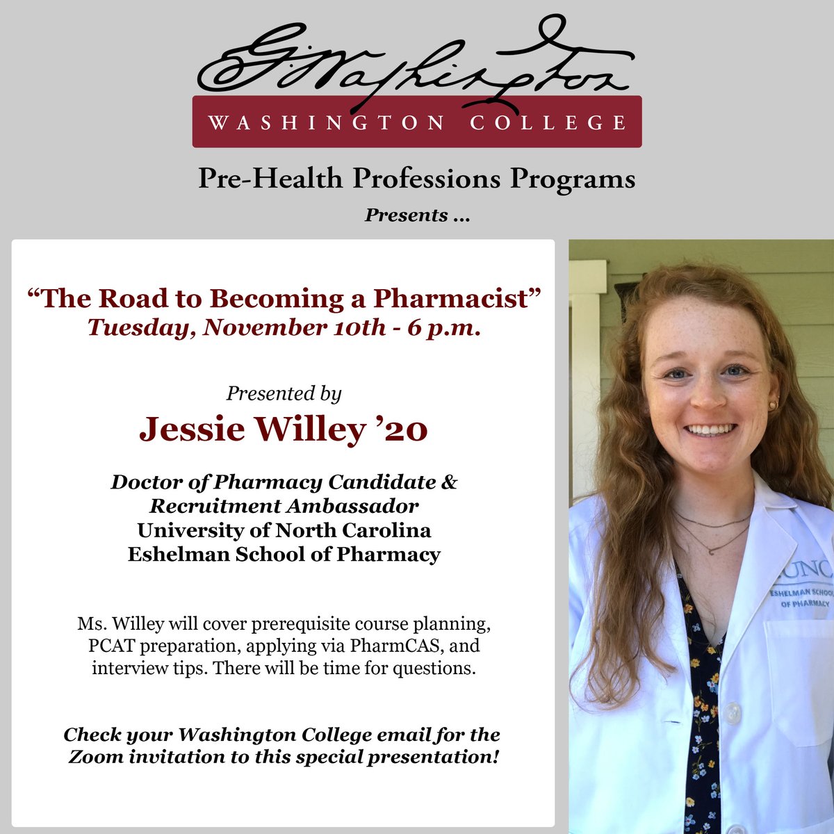 WashCollPHP's tweet photo. Don't forget to join us tomorrow night as we welcome back Jessie Willey '20 for a talk about the "Road to Becoming a Pharmacist!" Check your College email for the Zoom link; we're also planning to stream live on our Facebook page! https://t.co/7G5xGId6o4