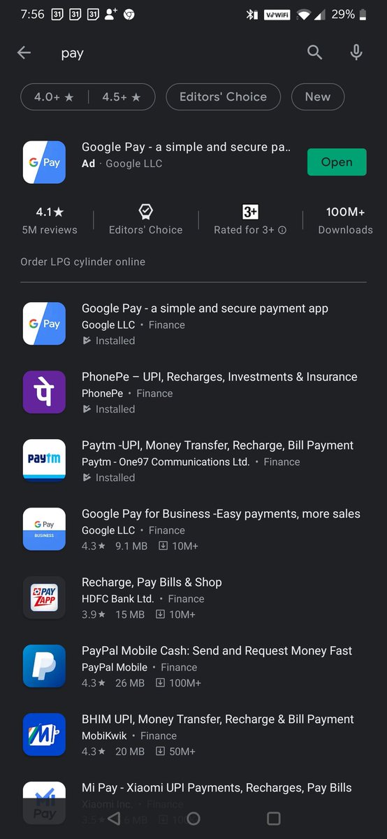 I just did a search for "pay" on the play store. First result: Google pay. The ad is also google (from one pocket to another, so no cost?). This the allegation in CCI complaint too. Prioritisation of Google pay by Google.