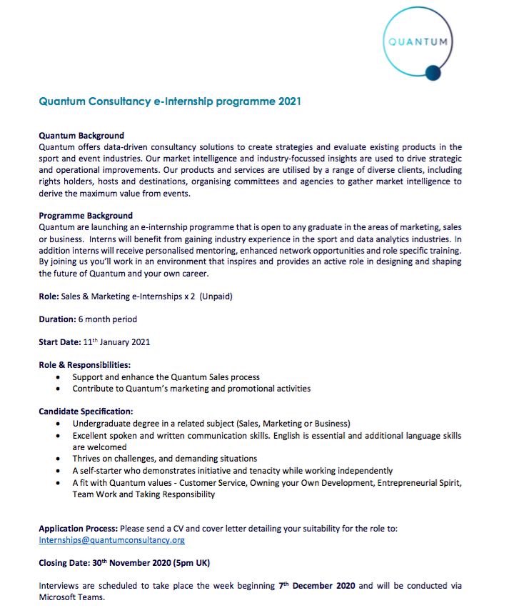 QuantumConsult4's tweet photo. We are delighted to announce our e-Internship Programme for 2021. Offering exciting opportunities for recent graduates to gain relevant industry experience

Internships that can be fulfilled remotely and open to applicants globally

Roles: Sales &amp; Marketing x2

Closing: 30th Nov https://t.co/fs7VMrbBix