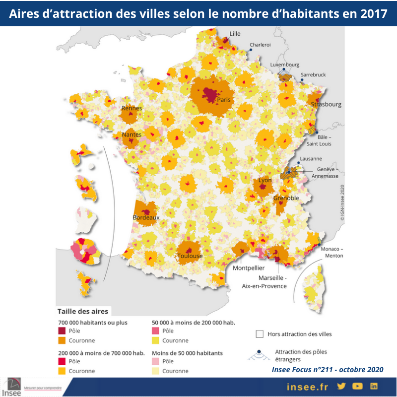 L'Insee a publié le nouveau #zonage en aires d’attraction des villes. Il succède au zonage en aires urbaines de 2010. Regardez comment votre pôle urbain « attire » les communes voisines #géographie #communes #data👉insee.fr/fr/information…