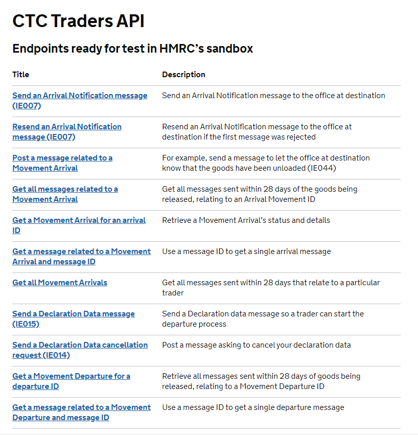 Don't worry though, they've a roadmap available with a pretty comprehensive list of what has been done so far on the transport technology side of things and is ready to test:  https://developer.service.hmrc.gov.uk/roadmaps/common-transit-convention-traders-roadmap/documentation/released.html