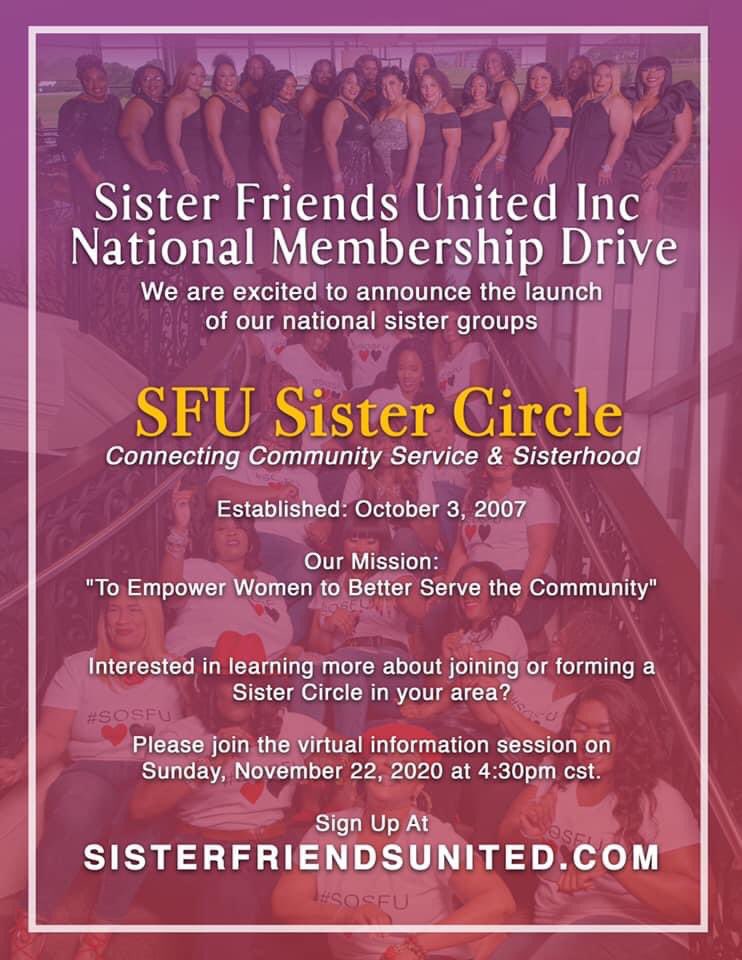 SisterFriendsU2's tweet photo. We are excited to announce the launch of our national sister groups, the SFU Sister Circle! Please join us for a virtual session to learn more information about the Sister Circle, on November 22nd at 4:30 pm! Sign up for our virtual informational session at the website below! https://t.co/2wq5x1GJWy