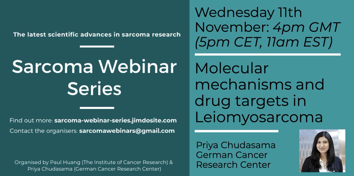 HuangLabICR's tweet photo. For the final #SarcomaWebinar of the year, we are thrilled to have my series co-host, @priyachudasama5 from @DKFZ, discussing her work on molecular mechanisms &amp; drug targets in #Leiomyosarcoma.

Join us on Wed 11 Nov (4pm GMT). Info at; https://t.co/uN0kxrEKFn #Sarcoma https://t.co/Bw9HNiYLkQ