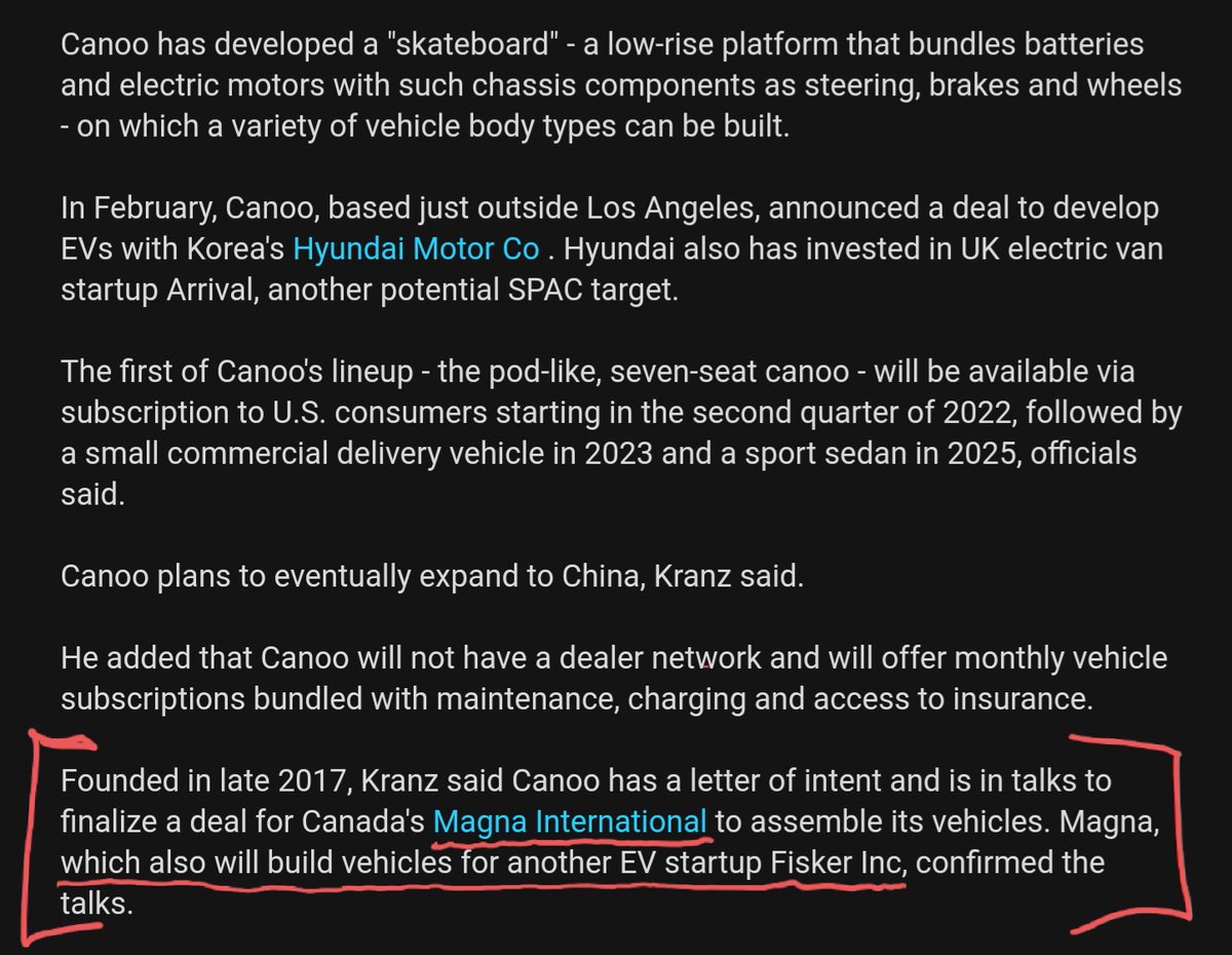 I think this could be really cool... I think it's  $HCAC / Canoo! - Founder is former CFO for BMW- There's a partnership in the works with Magna. - They haven't picked a battery partner yet! This would be a win-win-win-win on volume battery pricing for all!