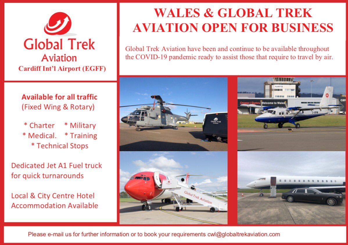 We are Open for business ✈️🏴󠁧󠁢󠁷󠁬󠁳󠁿
#GlobalTrekAviation #CardiffAirport #EGFF #CWL #Cardiff #Wales #VisitWales #Aviation #Military #Training #CrewTraining #FBO #Fly2Wales #ExecutiveAviation #openforbusiness #BusinessAviation #LuxuryTravel #TechStop #FuelStop #Travel #Medical #MoD