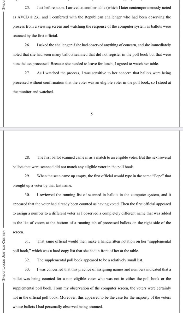 Sworn affidavit from a Republican poll challenger, Zachary Larsen, a former Assistant AG: