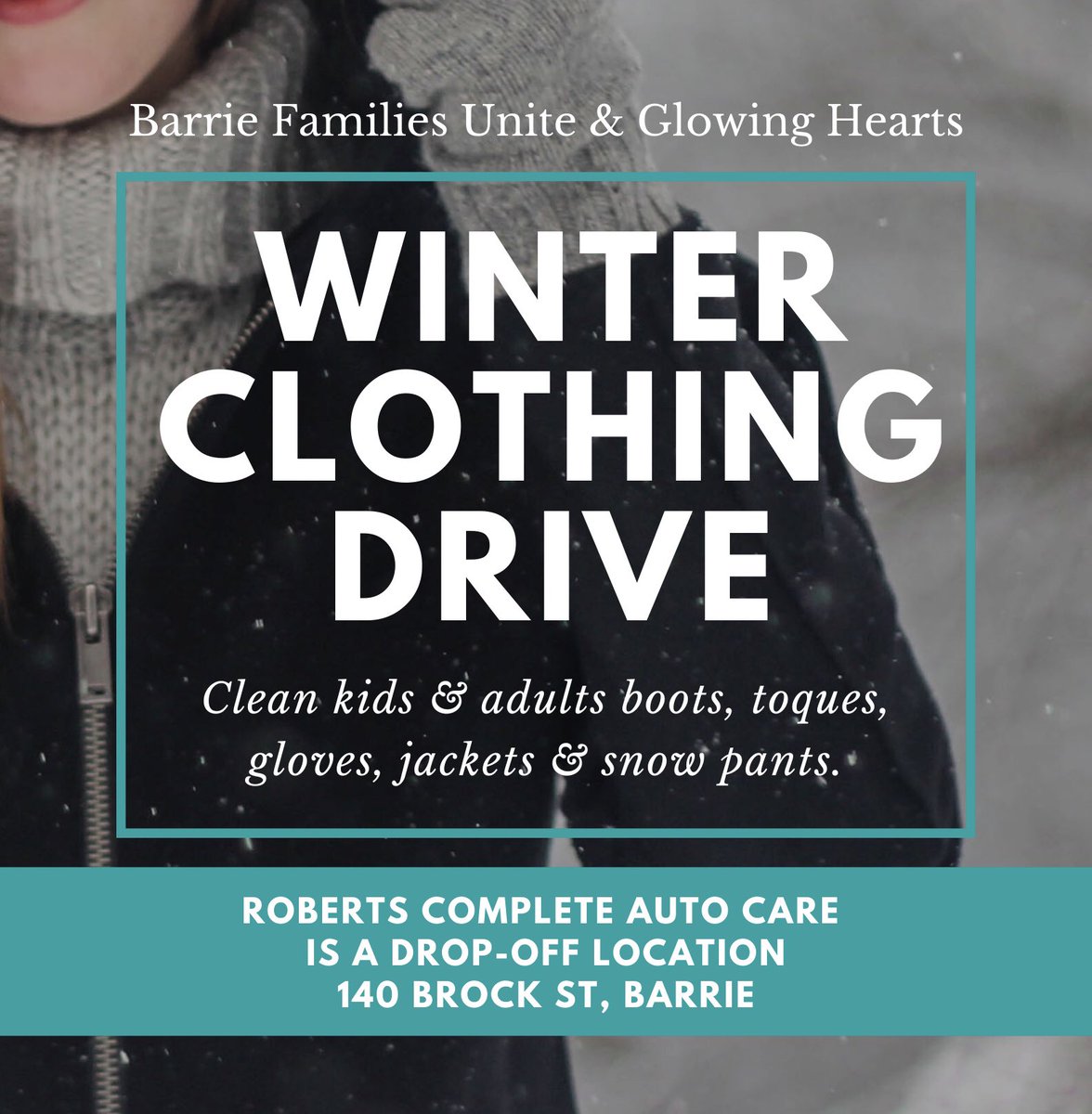 AutoCareBarrie's tweet photo. #WinterClothingDrive with #BarrieFamiliesUnite &amp; #GlowingHearts!  

Please donate extra kids/adults winter coats, snow pants, boots, toques and mitts at 140 Brock St. Nov. 7-15th.

FREE Pop-Up Shop will be open Nov 21st to anyone in need (time/location TBA) #community #Barrie https://t.co/WQzk7zKb4h