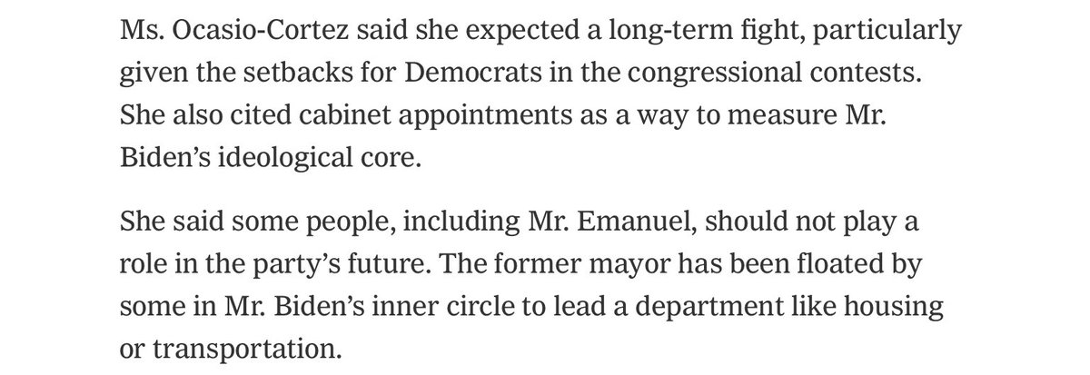 HeatherCherone's tweet image. .@AOC fires a warning shot: Progressives will not accept former Chicago Mayor @RahmEmanuel in President-elect Biden’s cabinet, reports @AsteadWesley for the @nytimes nytimes.com/2020/11/09/us/…