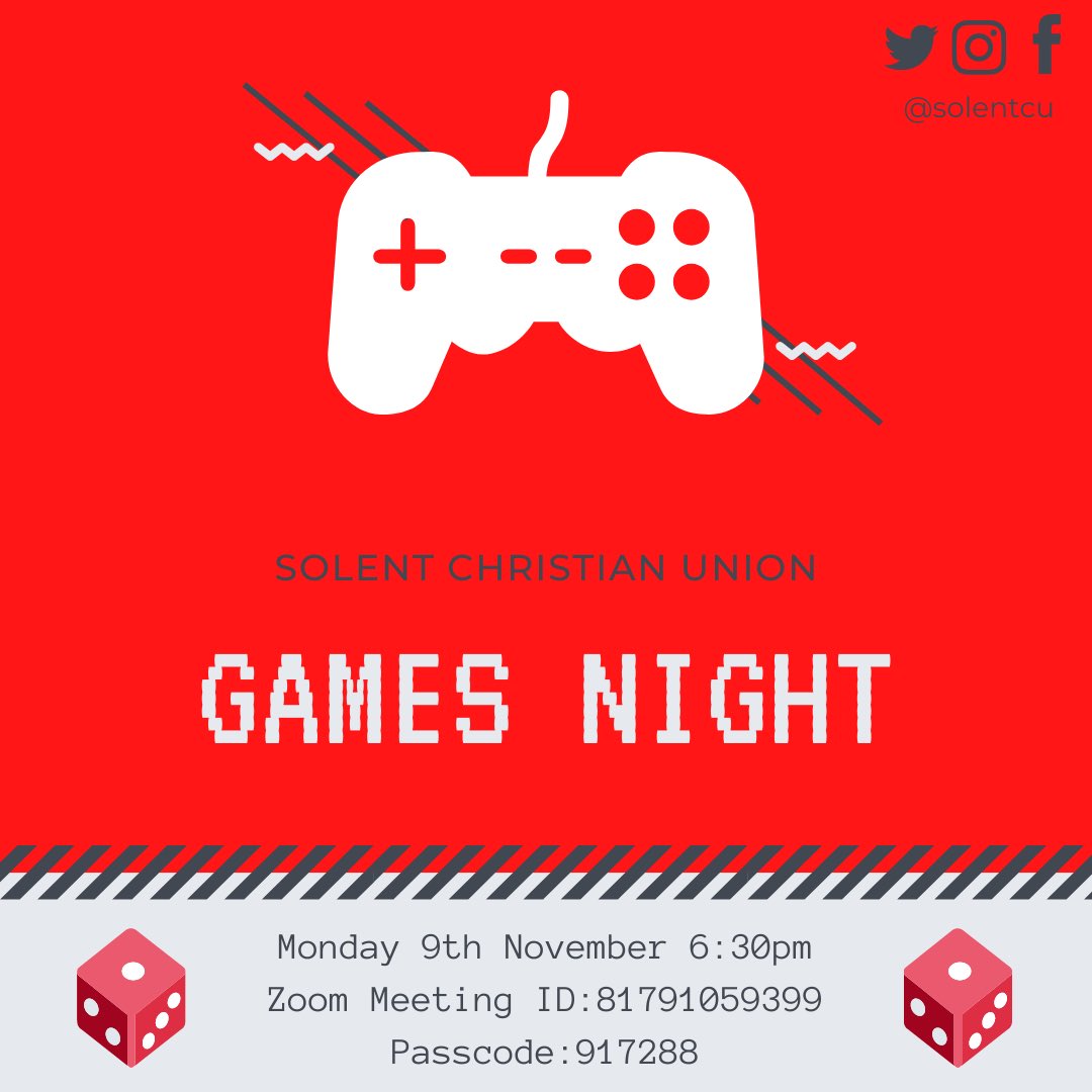 SolentCU's tweet image. Tonight at 6:30pm we will be hosting a games night over zoom, get your game face on and don’t miss out! 

Meeting ID: 817 9105 9399
Passcode: 917288