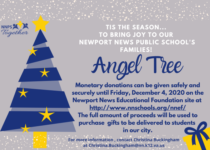 NNPSYouthDev's tweet photo. We are excited to partner with the community to sponsor a village-wide Angel Tree project to support @nnschools families!  For questions or to make a donation, visit https://t.co/JQNw32GoQS or contact Christina.Buckingham@nn.k12.va.us. #NNPSTogether #NNPSProud https://t.co/IvRPc14U51
