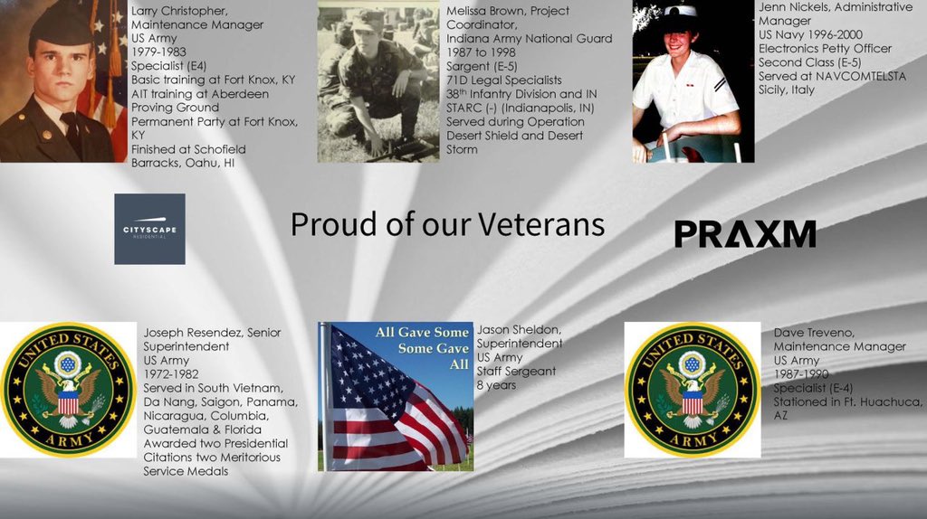 Cityscape_res's tweet photo. Proudly celebrating the Veterans of Cityscape Residential &amp; PRAXM this week. And thanks to all Veterans for your service! https://t.co/QViy6g5mib
